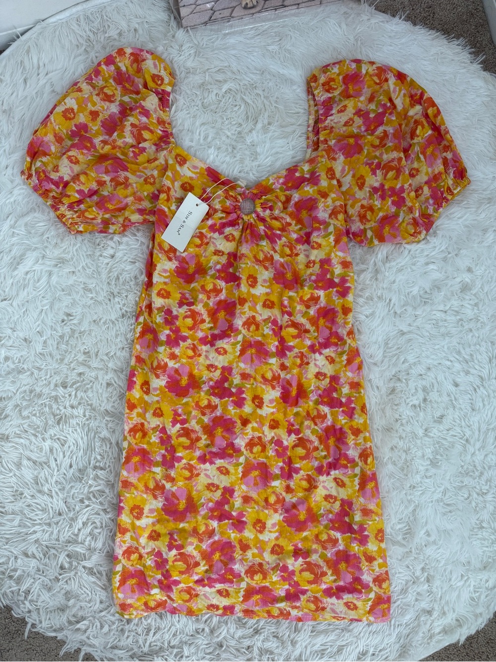 Floral Puff-Sleeve Mini Dress - Pink & Yellow